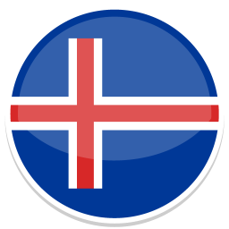 Runde Flagge mit blauen und roten Farbtönen sowie einem weißen Kreuz für Island.