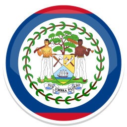 Wappen von Belize mit zwei Figuren, die eine Landkarte und Werkzeuge halten.