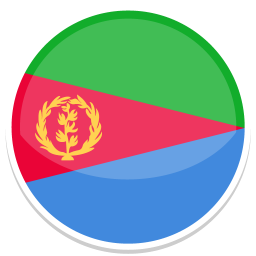 Flag von Eritrea mit grüner, roter und blauer Farbfläche und einem Olivenkranz.