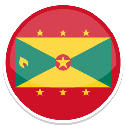 Flag of Grenada mit rotem Hintergrund, gelbem Staatswappen und grüner Diagonale.