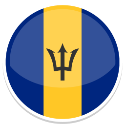 Flagge von Barbados mit blauen und gelben Streifen und einem Dreizack-Symbol.