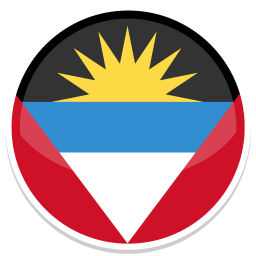 Flag of Antigua und Barbuda mit Sonnenstrahlen, blauem, roten und schwarzem Dreieck.