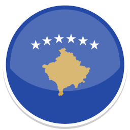 Blaues Logo mit goldener Kartenform von Kosovo und fünf weißen Sternen darüber.