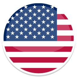 Runde Flagge der USA mit roten und weißen Streifen und blauen Sternen auf rotem Hintergrund.