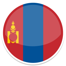 Rundes Emblem mit der Flagge von Mongolei in Rot, Blau und Gelb.