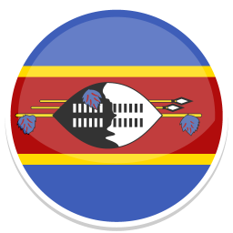 Flag von Eswatini mit rot-blauem Hintergrund und traditionellem Symbol in der Mitte.