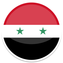 Runde Flagge Syriens mit rotem, weißem und schwarzem Streifen sowie zwei grünen Sternen.