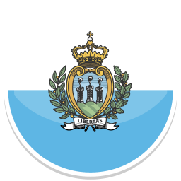 Wappen von San Marino mit drei Türmen und Krone, umgeben von Lorbeerzweigen.