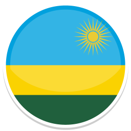 Flag of Ruanda mit blauer Obenhälfte, gelber Mitte und grünem Boden, goldener Sonne.