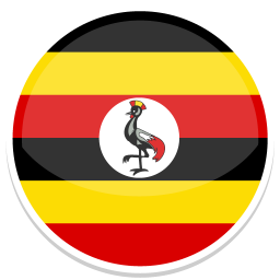 Runde Flagge Ugandas mit schwarz-rotem Hintergrund und stilisiertem Schuhschnabel.