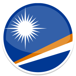 Flag der Marshallinseln mit Sonnenstrahlen und geometrischen Formen in Blau und Orange.