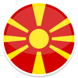 Runde Flagge von Nordmazedonien mit rotem Hintergrund und gelber Sonne und Strahlen.