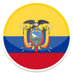 Wappen von Ecuador mit gelber, blauer und roter Flagge sowie einem Anden-Hintergrund.