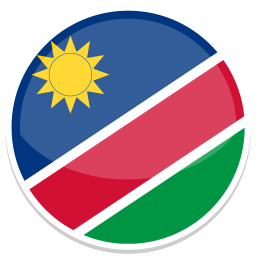 Flagge von Namibia mit blauem, rotem und grünem Design sowie einer gelben Sonne.