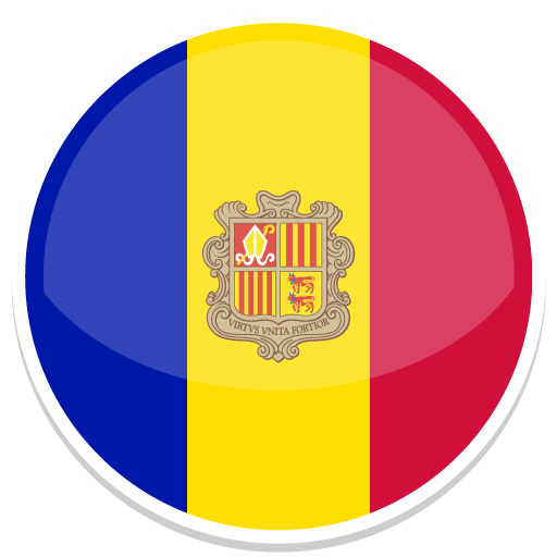Flagge von Andorra mit blauem, gelbem und rotem Streifen sowie dem Wappen in der Mitte.