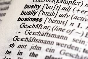 Definitionen für die Begriffe "bushy" und "business" in einem Wörterbuch.