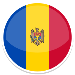 Rundes Emblem mit der Flagge von Moldawien in den Farben Blau, Gelb und Rot.