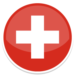 Runder, roter Hintergrund mit weißem Kreuz in der Mitte, Symbol für die Schweiz.