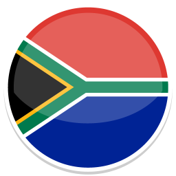 Rundes Symbol mit der Nationalflagge von Südafrika in den Farben Schwarz, Grün, Gelb, Rot und Blau.
