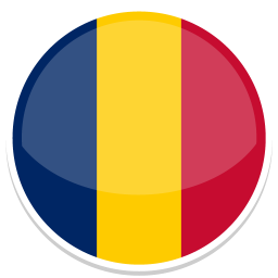 Runder Button in den Farben der rumänischen Flagge: Blau, Gelb und Rot.